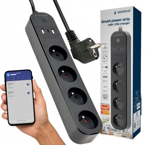 Gembird Inteligentna listwa zasilająca Tuya 4xFR 2xUSB-A 1xUSB-C Czarna