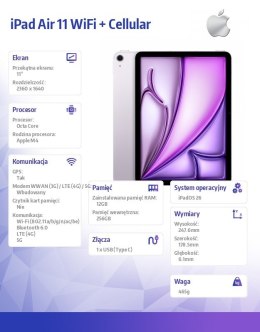 Apple IPad Air 11 cali WiFi + Cellular 256GB Fioletowy