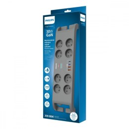 Philips Listwa antyprzepięciowa 2m,8 gniazd, 2xUSB-C, 2xUSB-A, 30W GaN, 2400 J ochrony przeciwprzepięciowej