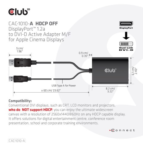 CLUB3D CAC-1010-A adapter kablowy 0,6 m DisplayPort DVI-D + USB Czarny