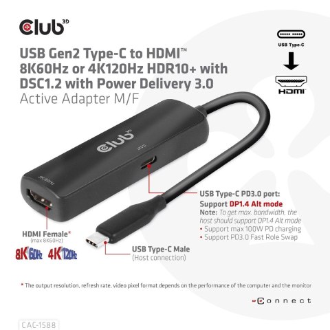 CLUB3D CAC-1588 adapter kablowy 0,17 m USB Type-C HDMI Czarny