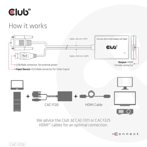 CLUB3D CAC-1720 adapter kablowy 0,6 m HDMI Typu A (Standard) VGA (D-Sub) + USB Czarny