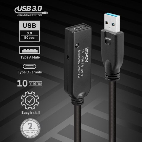 Lindy 43376 kabel USB USB 3.2 Gen 1 (3.1 Gen 1) 10 m USB A USB C Czarny