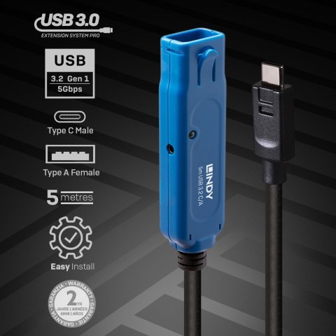 Lindy 43380 kabel USB USB 3.2 Gen 1 (3.1 Gen 1) 5 m USB C USB A Czarny