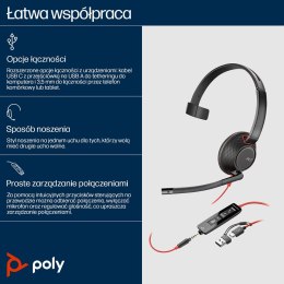POLY Jednouszny zestaw słuchawkowy USB-C Blackwire 5210 + wtyczka 3,5 mm + przejściówka USB-C/A