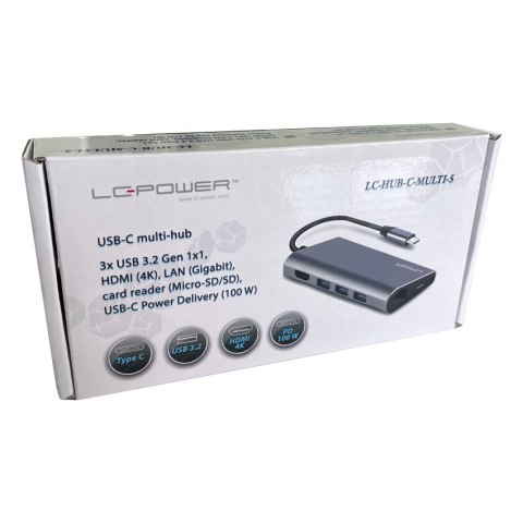 LC-Power LC-HUB-C-MULTI-5 stacja dokująca Przewodowa USB 3.2 Gen 1 (3.1 Gen 1) Type-C Antracyt, Czarny
