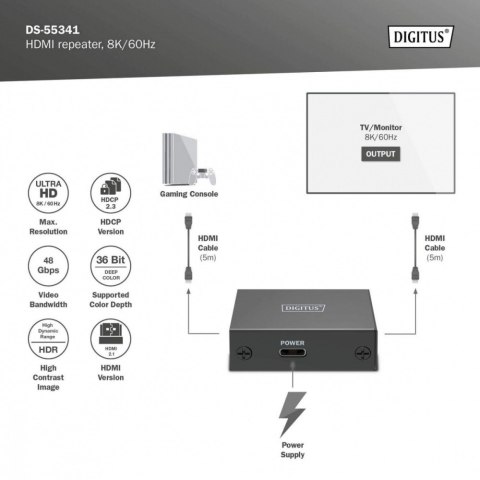 Digitus Wzmacniacz sygnału (Repeater) HDMI do 10m 8K/60Hz, do 13m 4K/60Hz HDCP 2.3