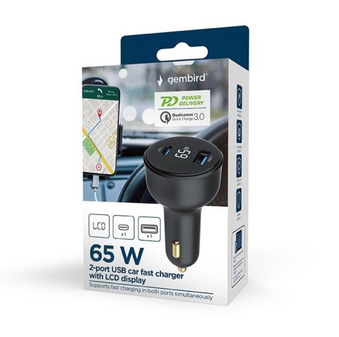 Gembird Szybka ładowarka samochodowa 2xUSB-A+C, Type-C (PD), LCD, 65W, czarna