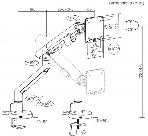ART Uchwyt biurkowy gazowy do 1 monitora LED/LCD 17-35" L-29GD 2-11kg 2xUSB 3.0 Premium White