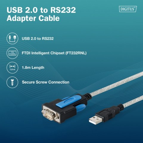 Digitus Kabel adapter USB 2.0 do RS232 (DB9) | Chipset FTDI (FT232RNL) | PVC, transparentny | Mocowanie na śruby | 1.8m