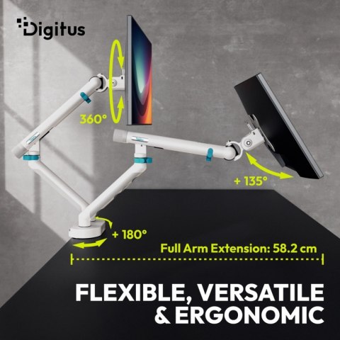 Digitus Ramię biurkowe podwójne z zaciskiem i sprężyną mechaniczną 2x LCD max. 35" obciążenie 2x10kg, VESA: 75x75, 100x100, białe