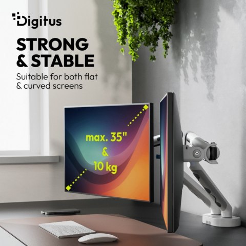 Digitus Ramię biurkowe podwójne z zaciskiem i sprężyną mechaniczną 2x LCD max. 35" obciążenie 2x10kg, VESA: 75x75, 100x100, białe