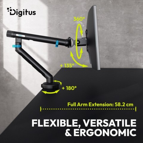 Digitus Ramię biurkowe pojedyncze z zaciskiem i sprężyną mechaniczną 1x LCD max. 35" 10kg, VESA: 75x75, 100x100, czarne