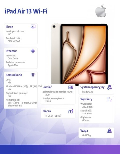 Apple IPad Air 13 Wi-Fi 128GB Księżycowa poświata