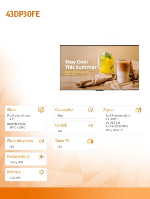 Hisense Monitor 43DP30FE 43 cale 4K UHD ADS Digital Signage Display 16/7