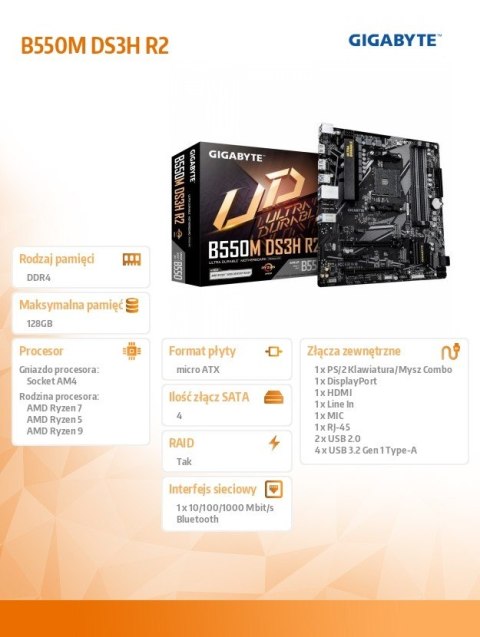 Gigabyte Płyta główna B550M DS3H R2 AM4 4DDR4 DP/HDMI mATX