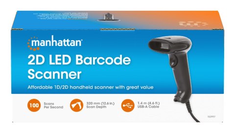 Manhattan 153997 czytnik kodów kreskowych Ręczny czytnik kodów kreskowych 1D/2D LED Czarny