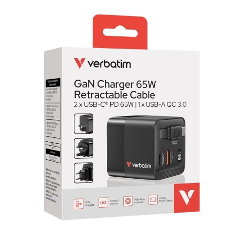 Ładowarka Verbatim Gan 65W 2xUSB-C PD,1xUSB-A, retrac. Przewód 32217