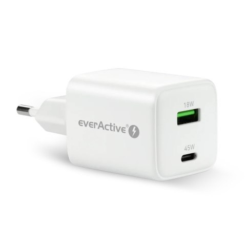 EVERACTIVE ŁADOWARKA SIECIOWA GAN 1 X USB ORAZ 1 X USB-C QUICK CHARGE 4.0 45W BIAŁA SC-450Q