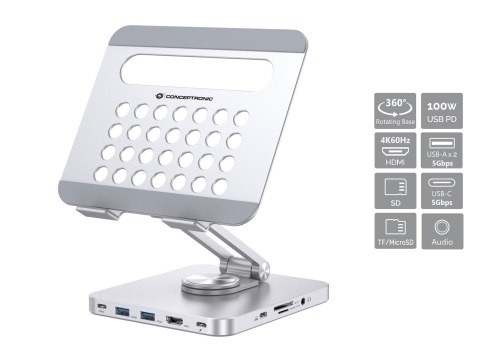 Uchwyt na tablet CONCEPTRONIC ze stacją dokującą 8 w 1 srebrny
