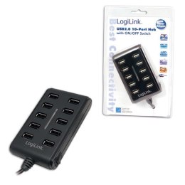 Hub USB LogiLink UA0125 10xUSB 2.0, wyłącznik ON/OFF czarny