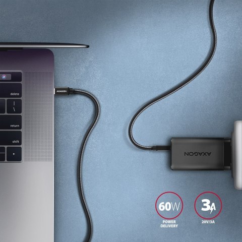 AXAGON BUCM3-CM15AB Kabel USB-C - USB-C, 1.5m, PD 60W, 3A, ALU, oplot czarny