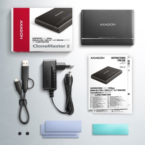 AXAGON Adapter USB-C ADSA-CC 10Gbps NVMe M.2 2.5/3.5 SSD&HDD Clone Master 2